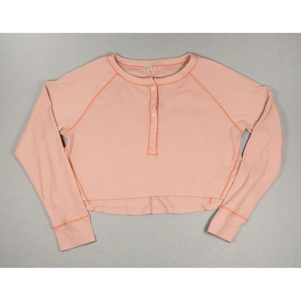 Intimately Free People Thermal Henley Top Pink Orange Contrast Stitch Cropped L